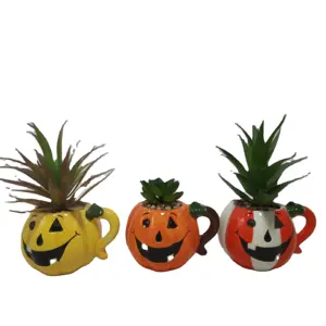 Factory cheap wholesale Halloween decoration Pumpkin shape handmade Ceramic succulent flower POTS Artificial plant