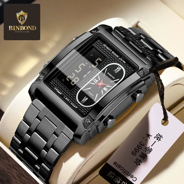 Binbond 2311 B2311 Fashion Quartz Digital Wristwatch Stainless Steel Business Square LED Luxury Vintage Watches for Men Man Gift