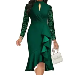 2024 Women's Dark Green Mermaid Dress Flounce Lace Stitching Midi Casual Winter Office Business Work Undefined Ladies Clothes