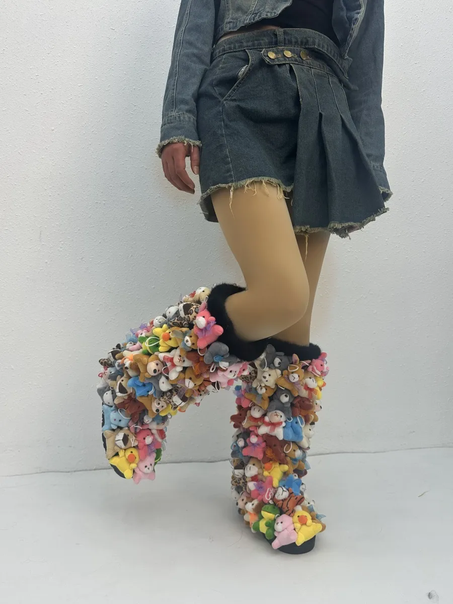 도매 럭셔리 겨울 스노우 부츠 테디 부츠 박제 동물 패션 여성 따뜻한 무릎 높은 가짜 모피 부츠