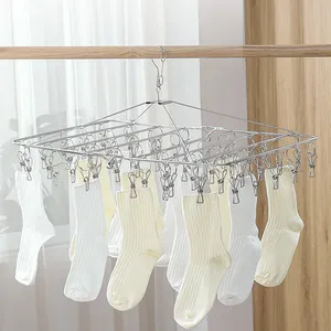 Factory wholesale 201 stainless steel folding coat hanger with 52 clips for drying socks and underwear