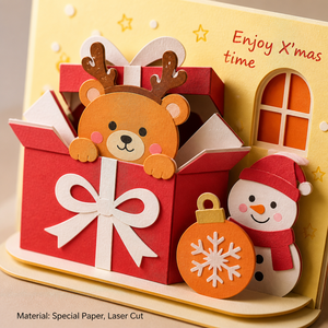 Carte de Noël 3D pop-up avec boîte cadeau ours, bonhomme de neige, enveloppe orange, carte de vœux de Noël - Product Image 4