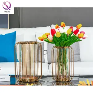 Nordic Creative Light Luxury Metal Glass Vase Desktop Wrought Iron Lantern Vase For Home Living Room Dried Flower Arrangement