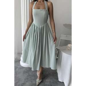 Vestido de Lino con Cuello Halter Color Menta, Corte en A, Cintura Natural, Transpirable, Ropa Casual - Product Image 3