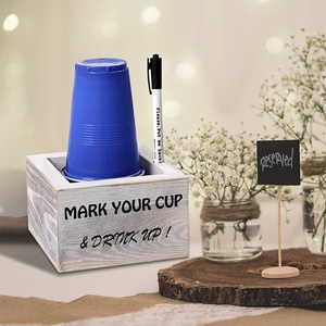 Bar de fiesta de granja, decoración rústica de boda, Mark Your Cup y Drink Up, portavasos individual de fiesta de madera, incluye rotuladores y ranura para rotuladores - Product Image 1
