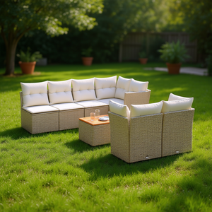 Conjunto de Sofás de Jardín de Mimbre Sintético, 8 Piezas, Color Beige Crema, Muebles de Exterior Impermeables, Diseño Contemporáneo, Cojines de Espuma de Alta Densidad - Product Image 2