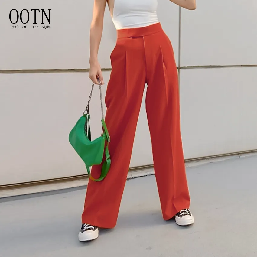 OOTN Spring Summer Button Classic Long Pants Female Street Style Pleated Wide Legs Trousers Orange High Waist Woman Pants