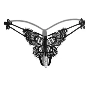 Celana dalam G-string transparan untuk wanita, celana pijat mutiara kupu-kupu Hollow Out mode seksi grosir
