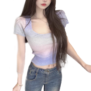 IWI046 Maglione Estivo da <span class=keywords><strong>Donna</strong></span> Personalizzato, Stile Retrò a Righe, Traspirante, Antirughe, Lavorato a Maglia, Scollo Quadrato Scollato, Manica Corta, Casual - Product Image 4