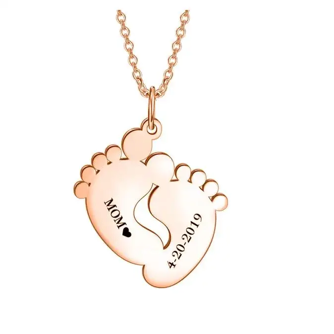 Stainless Steel Initial Necklace Engravable Name Baby Shower Gift Mother's Memories Necklace Baby Feet Gold Personalized