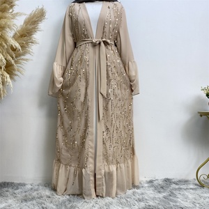 1856# Elegant Muslim Women Abaya Shiny Gold <b>Sequins</b> Open Abayas Long Robe With Chiffon Patchwork <b>Flare</b> Sleeve - Product Image 3