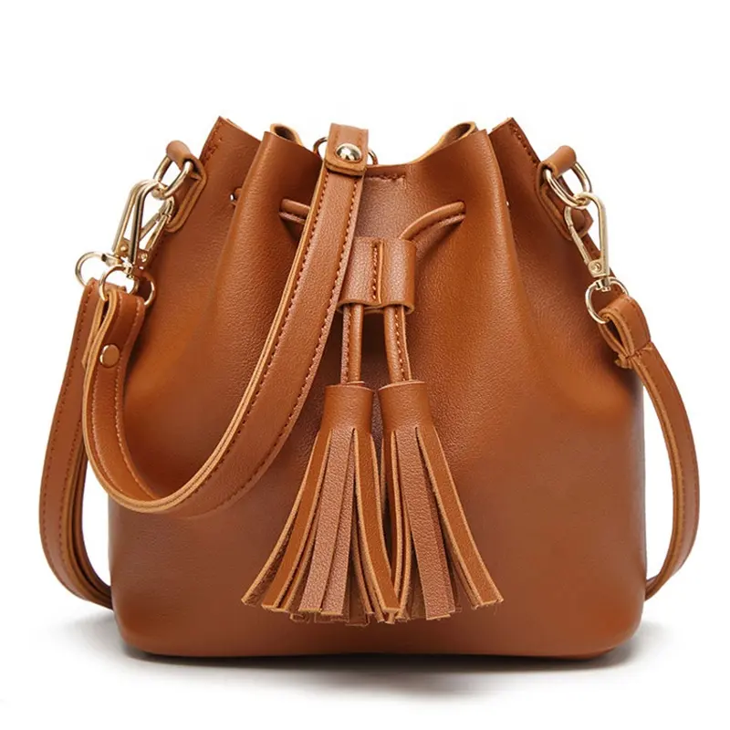 New arrival women fashion PU leather shoulder crossbody bag drawstring bucket handbags with tassel