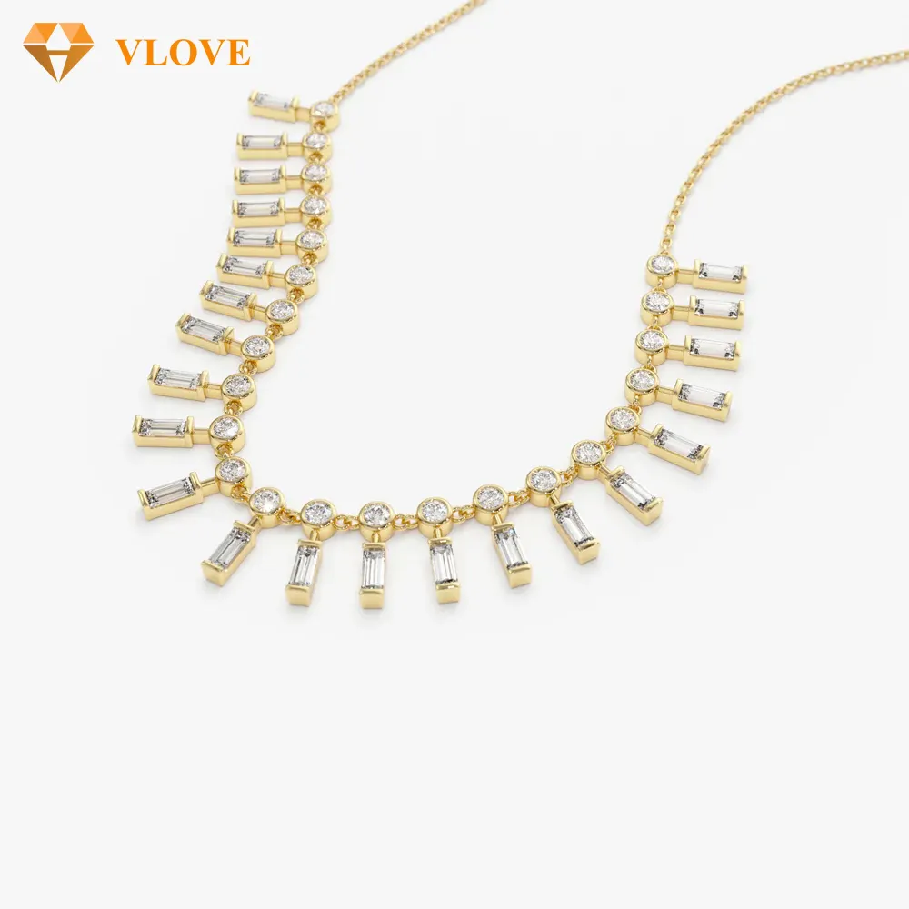 Collana di gioielli con diamanti alla moda VLOVE 14k Baguette e diamanti rotondi