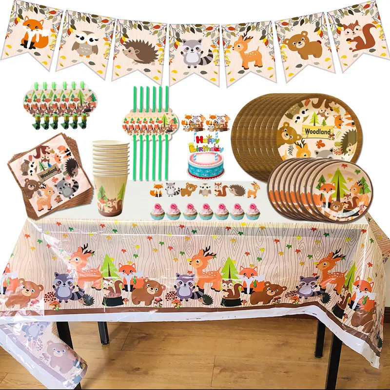 Woodland Party Bộ Đồ Ăn Dùng Một Lần Tấm Động Vật Jungle Nguồn Cung Cấp Bên Safari Sinh Nhật Trang Trí Tiệc