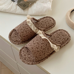 Pantuflas de algodón estilo hogareño retro con encaje floral, para las cuatro estaciones, de lino, para mujer, de ocio, para interiores, con borde de encaje coreano, para niña, con estampado floral. - Product Image 5