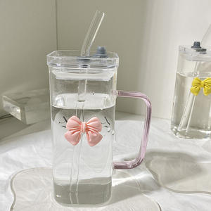 كوب زجاجي مربع بسيط وشفاف مزود بماصة ومقبض على شكل فيونكة مقاوم للحرارة العالية للقهوة والحليب والمشروبات - Product Image 6