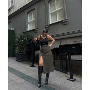 Khaki Suede <b>Pencil</b> <b>Skirt</b> with Slit Detail Modern Formal Straight Leather Spandex <b>Plus</b> <b>Size</b> XS Embroidered - Product Image 2