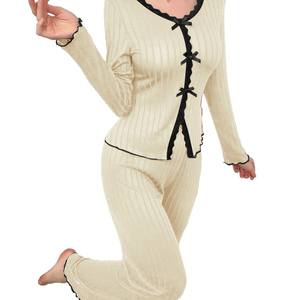 Kadın Günlük Ev Giysileri Basit Moda Elastik Bel Örme Uzun Kollu O-Boyun Düz Fiyonklu Pijama Yabancı - Product Image 5