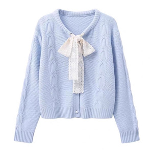 Women's Cable Knit <b>Cardigan</b> With Lace Bow Tie Round Neck Loose Fit Autumn Winter Sweater Single Breasted Anti Pilling - Product Image 4