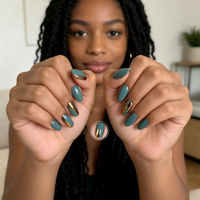 Faux Ongles à Presser Vert Teal Doré French Manucure Forme Amande Chrome Luxe Personnalisables Réutilisables Vente en Gros