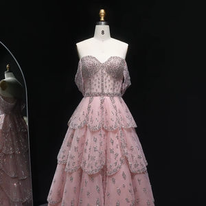 جانسيمبر LSZ612 فستان كريستال وردي قبالة الكتف طبقات تول الترتر حزب - Product Image 3