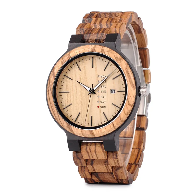 BOBO BIRD Newest Two-tone Wooden Watch with Week Display Date Drop Shipping Bamboo Watches