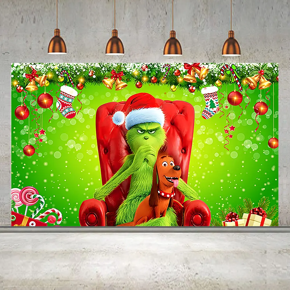 Christmas Backdrop for plush Grinch Christmas Theme Party banners Xmas Photo Backgrounds Grinch and Dog Christmas Banner