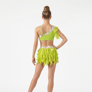 Traje de Danza Lírica Verde Lima con Pedrería Floral, Leotardo de Gimnasia Rítmica con Volantes de Malla, Atuendo de Competición de Danza del Vientre - Product Image 2