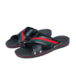fashion designer Striped PU Slides Open Toe side <b>slippers</b> Breathable Sole Fashion Summer men's flat <b>slippers</b> men - Product Image 2