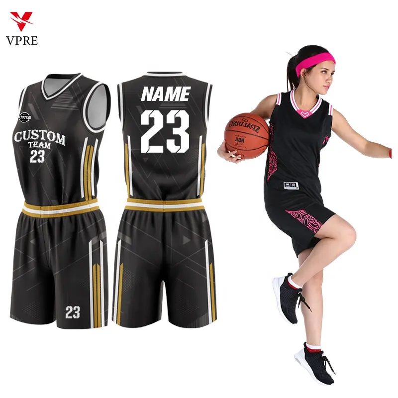 Sublimación personalizada poliéster femenino baloncesto Jersey camisas sin mangas negro rojo baloncesto uniforme para damas WNL015