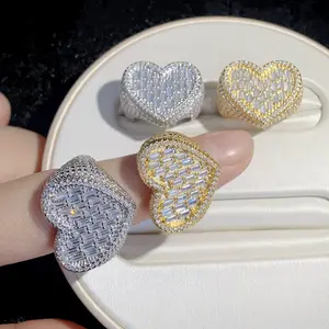 Iced Out Heart Cubic Zirconia Anillos Popular Moda Mujer Hombre Tamaño grande Sparkle Diamond Heart Ring Joyería de moda