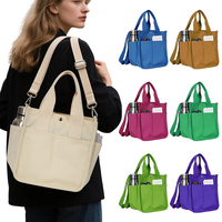 Sac fourre-tout en toile beige avec poches latérales pour bouteille d'eau et bouton-pression pour le bureau, les pique-niques et le transport de repas bento