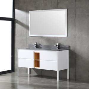 Minimalist White Freestanding Double Sink Vanity Dark Stone Countertop Cabinet with Matching White <b>Mirror</b> for Large Bathroom - Product Image 2
