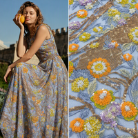 Tissu en tulle jacquard tricoté à sequins floraux multicolores pour robes de soirée et de mariée