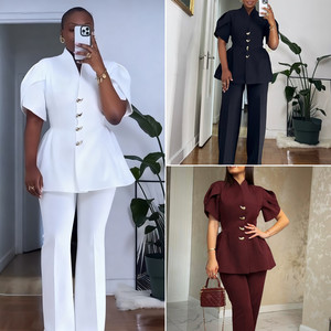 S11215 Tenues d'été pour femmes, haut élégant à manches bouffantes boutonnées + pantalon droit, ensemble deux pièces, vêtements de bureau - Product Image 2
