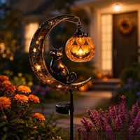 Halloween-Kürbis-Dekoration mit Solarlicht, Niedliche Mond- und Katzen-Figur, Outdoor-Ornament für Haus, Garten und Hof, Feiertagsdekoration