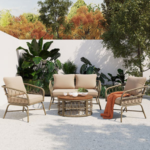 Ensemble de salon de jardin d'inspiration bohème pour 4 personnes avec coussins amovibles, ensemble de conversation pour patio avec plateau en bois, beige - Product Image 1