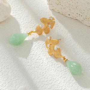Three Lives With Apricots Ginkgo <b>Leaf</b> Drop Earrings <b>Light</b> Green Imitation Jade S925 Silver Needle Everyday Wear - Product Image 4