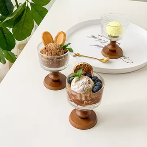 Copa de Vino de Diseño Único, Copa de Vino Vintage, Tazón de Postre con Base de Vidrio, Vasos de Vidrio de Boca Ancha de 3.9 Pulgadas, Soporte de Madera - Product Image 3