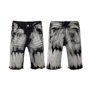Pantalones de hombre al por mayor personalizables, estilo urbano, de verano, casuales, con botones, de tiro medio, transpirables, impermeables, rasgados, de PU con efecto salpicado de pintura, de corte recto. - Product Image 2