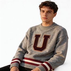 Pull ras du cou rétro style universitaire BSCI/WRAP pour homme avec lettres en feutre brodées, poignets rayés, tricot vintage d'automne - Product Image 1