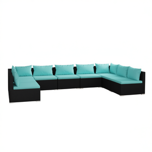 Ensemble de salon de jardin en rotin noir 10 places, mobilier d'extérieur au design contemporain, coussins bleu ciel - Product Image 1