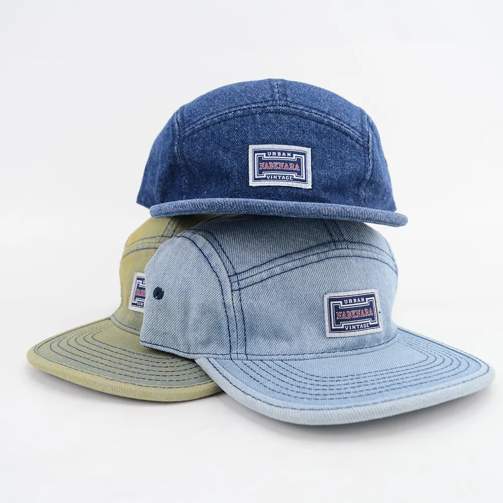 Custom Patch Logo Retro Denim Platte Top Effen Volwassen Dames Camper Hoed Distressed Vintage Pet Gewassen 5 Panel Baseball Dad Caps