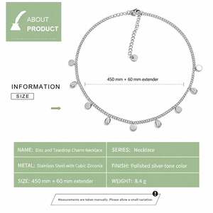 Collier avec pendentif disque et goutte d'eau en acier inoxydable, zircone cubique, chaîne gourmette, couleurs or et argent - Product Image 3
