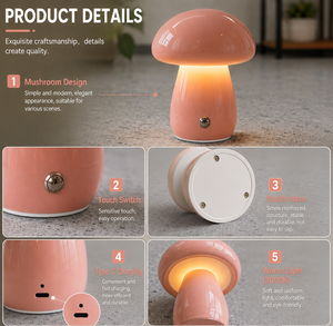 Lámpara de Escritorio LED Inalámbrica con Forma de Hongo, Portátil, Recargable, Luz Nocturna con Control Táctil, Función de Memoria, 3000K, Luz Cálida para Hotel - Product Image 3