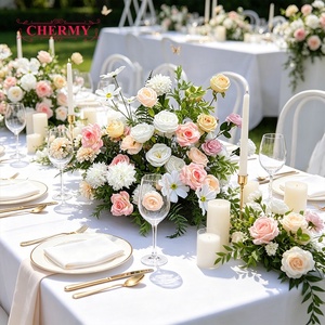 Centrotavola Floreale Artificiale TW057 Rosa Verde Bianco, Runner da Tavolo Lungo in Tonalità Pastello per Matrimoni e Ricevimenti in Giardino - Product Image 2