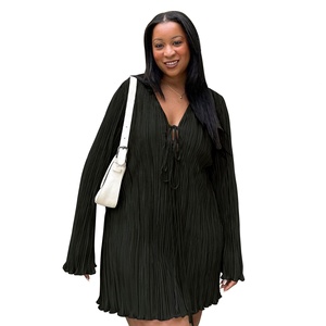 Abito Plus Size Elegante con Effetto Snellente, Gonna con Lacci, Maniche Lunghe e Tinta Unita per Occasioni Formali - Product Image 5