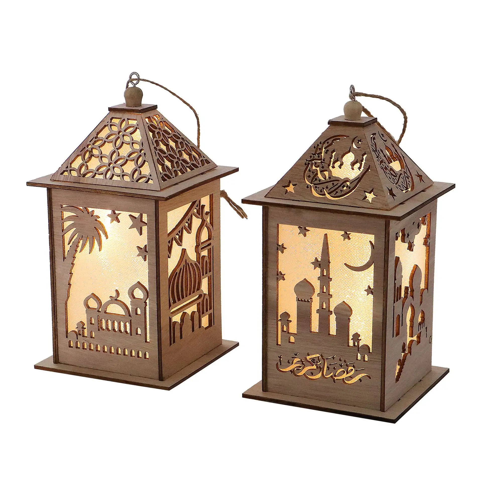 Creative Wooden Handicraft Ramadan Lantern Muslim Wood Palace Lamp Eid Mubarak Table Lamp