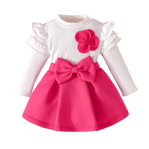 Nuovo Set Vestito da Principessa per Bambine 2025, Top a Maniche Lunghe con Fiori Tridimensionali e <span class=keywords><strong>Gonna</strong></span> con Fiocco Tridimensionale in Lana Pettinata - Product Image 1