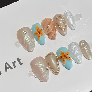 เล็บปลอมทำมือ C584 สไตล์ยุโรป ลายดอกไม้ มุก ปลาดาว ทรงอัลมอนด์ สำหรับใช้ในร้านเสริมสวย - Product Image 4